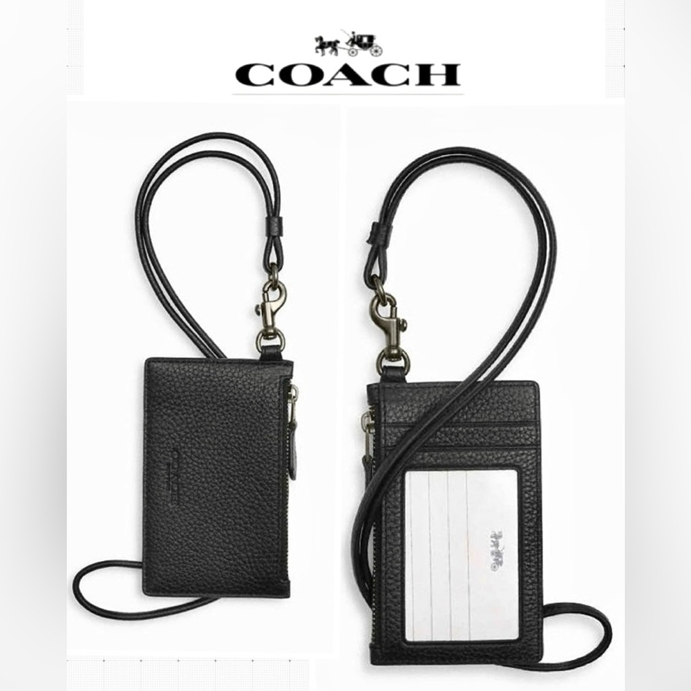 Coach Zip Lanyard Card Case. Gunmetal/Black pebble leather.#CAJ45 Color:QB/Black
